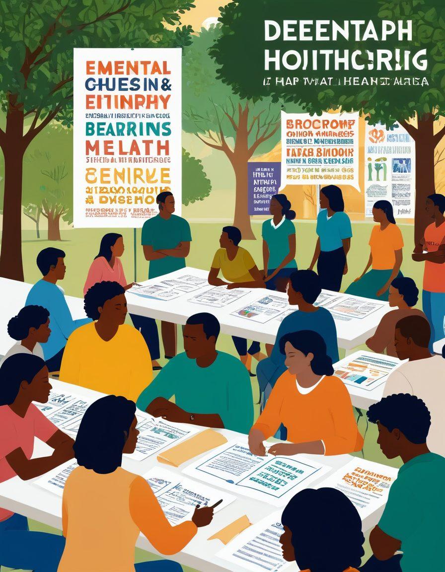 A diverse group of people engaged in a community workshop focused on mental health awareness, with banners emphasizing support services and outreach programs. In the background, calming nature elements like trees and sunshine symbolize hope and healing. Illustrate individuals of various ages and backgrounds interacting positively, showcasing empathy and connection. Include visual elements such as brochures and resources for mental health support on tables. warm colors. illustration. community-oriented.