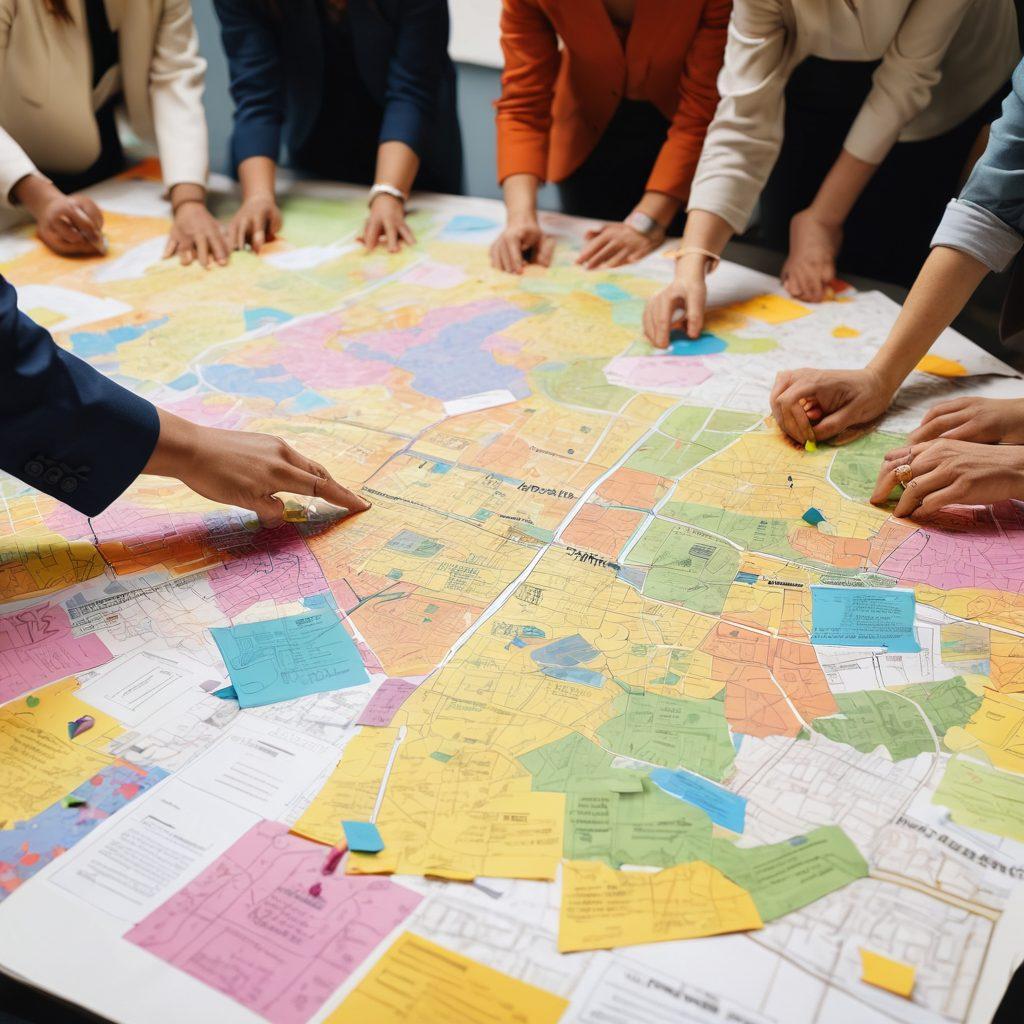 A diverse group of people collaborating around a large community map, showcasing various empowerment initiatives with colorful post-it notes representing different crisis intervention strategies. Include symbols of support, like helping hands and light bulbs for ideas. The background should have a vibrant city landscape, symbolizing unity and progress. super-realistic. vibrant colors. 3D.