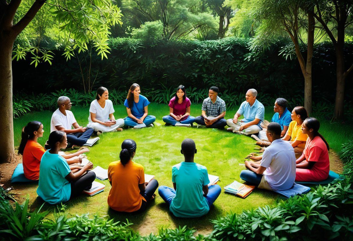A diverse group of community members engaging in a peaceful dialogue circle, surrounded by lush greenery, with symbols of mental health support like open books and calming colors. The atmosphere conveys a sense of unity, empowerment, and hope, showing individuals of different backgrounds sharing smiles and ideas. Include elements of creativity such as paintbrushes and musical instruments around, symbolizing innovative strategies. vibrant colors. super-realistic.
